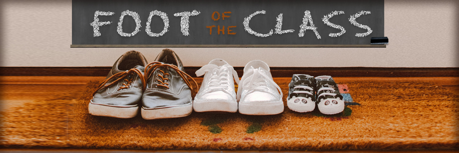 Various shoes on a carpet with words 